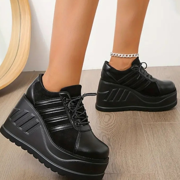 Women's Solid Color Platform Shoes, Lace Up Shallow Mouth Comfy Ankle Shoes, - Picture 2 of 4